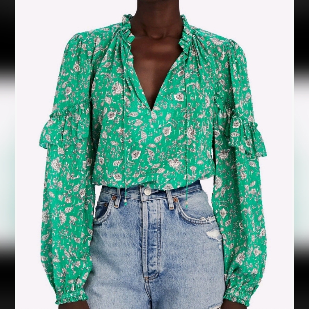 Intermix Marika Ruffled Fil Coupé Silk Blend Blouse Size XS